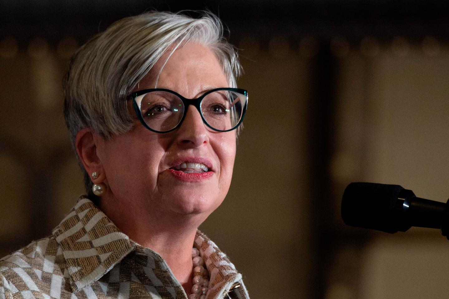 CEO and Director of United Parcel Service, Carol Tome, speaks prior to US President Donald Trump speaking on the Rebuilding of America's Infrastructure in Atlanta, Georgia, on July 15, 2020.