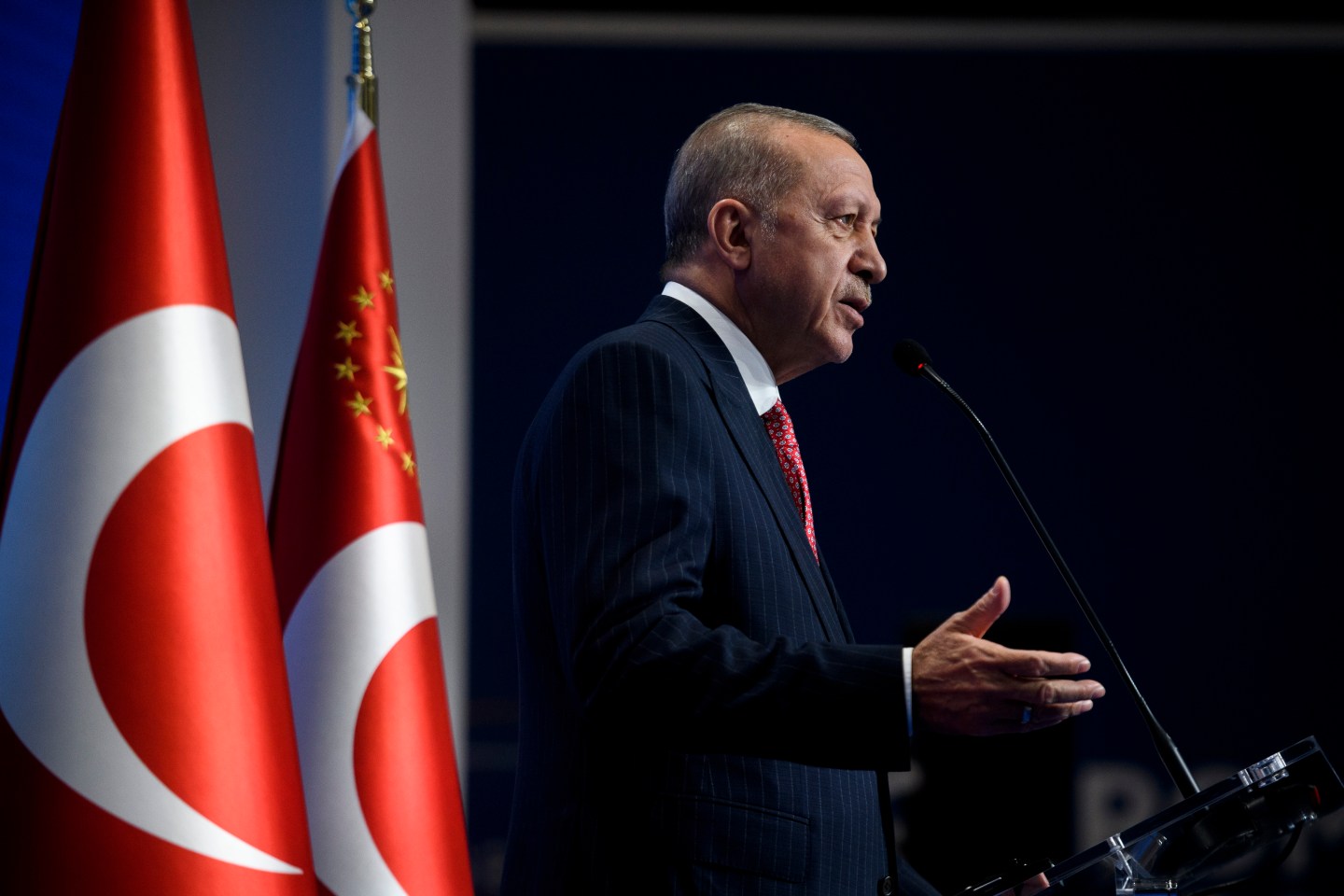 Turkish president Recep Tayyip Erdogan attends a press conference at the end of the Rome G20 Summit, on October 31, 2021 in Rome, Italy.