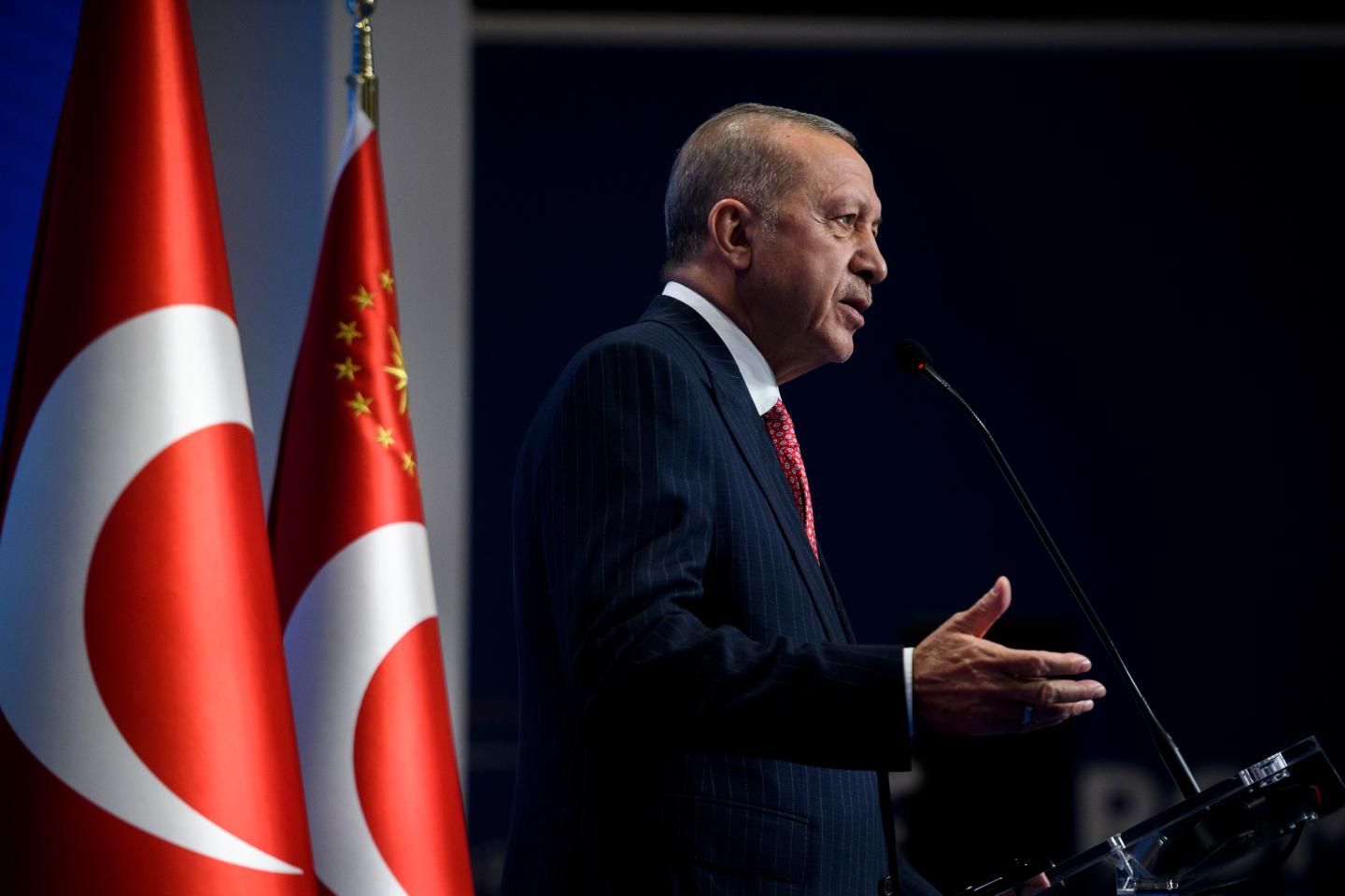 Turkish president Recep Tayyip Erdogan attends a press conference at the end of the Rome G20 Summit, on October 31, 2021 in Rome, Italy.