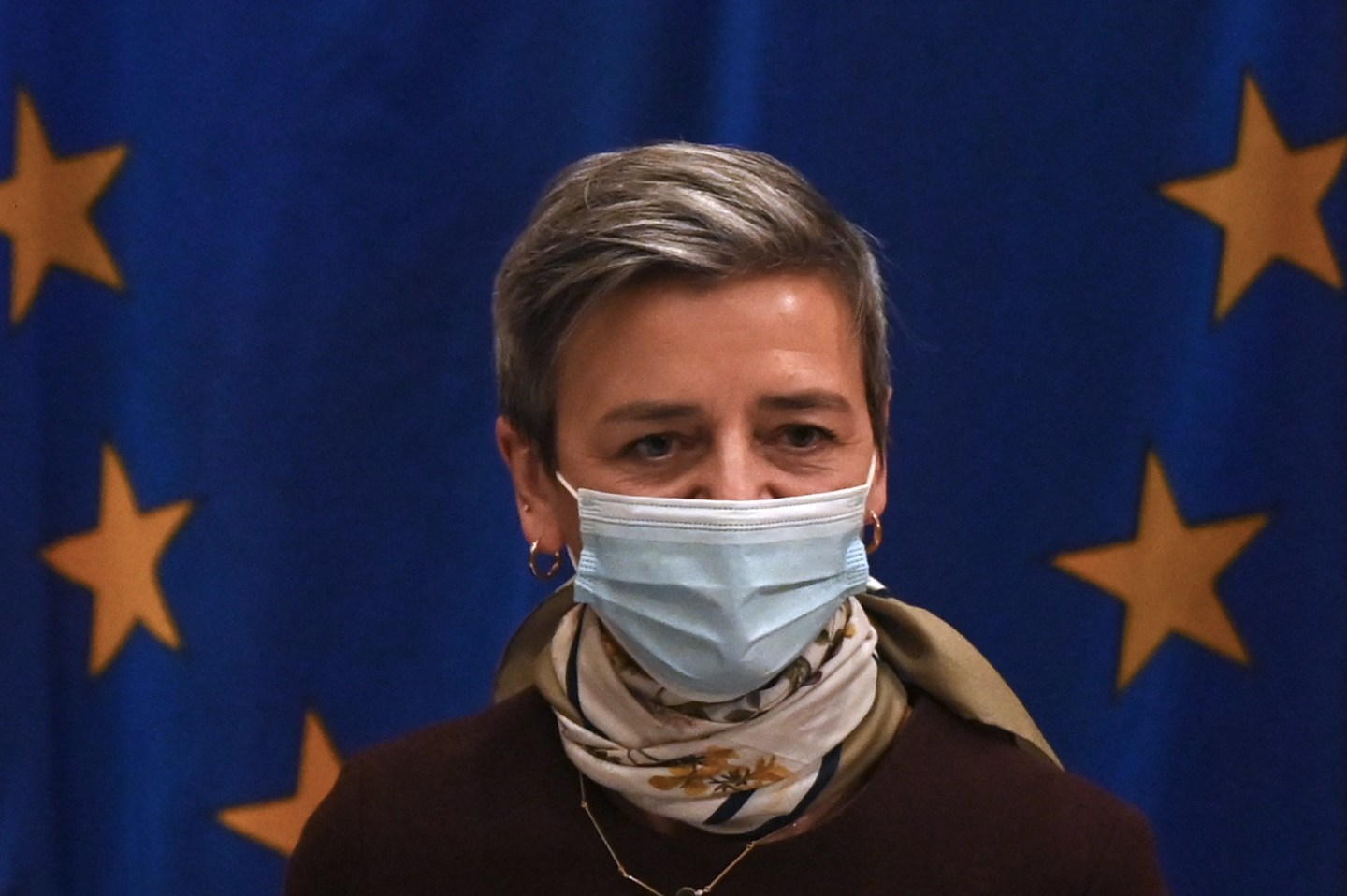 European Commission Executive Vice-President Margrethe Vestager speaks with her staff prior to a round table discussion with US Commerce Secretary Gina Raimondo at the Commerce Department in Washington, DC, on December 7, 2021.