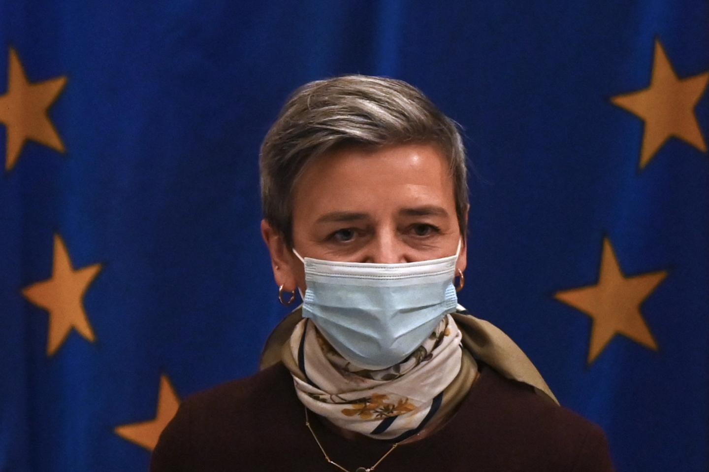 European Commission Executive Vice-President Margrethe Vestager speaks with her staff prior to a round table discussion with US Commerce Secretary Gina Raimondo at the Commerce Department in Washington, DC, on December 7, 2021.