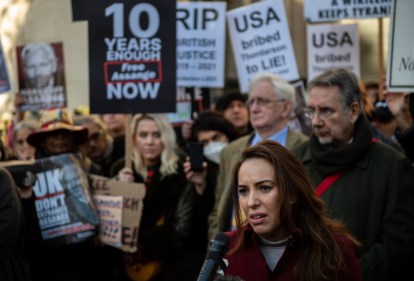 Stella Moris, partner of Julian Assange, speaks to the press outside the Royal Courts of Justice following an extradition hearing on December 10, 2021 in London, England.
