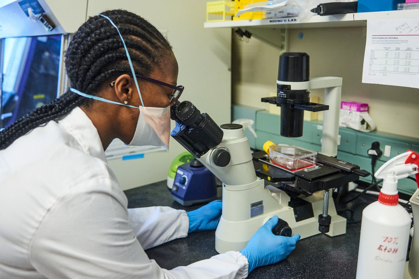 A technician uses a microscope to inspect samples during Covid-19 antibody neutralization testing in a laboratory at the African Health Research Institute (AHRI) in Durban, South Africa, on Wednesday, Dec. 15, 2021. South Africas hospital admission rate as a percentage of new Covid-19 cases identified dropped sharply in the second week of the current infection wave driven by the omicron variant, compared with the same week of the third wave. Photographer: Waldo Swiegers/Bloomberg via Getty Images