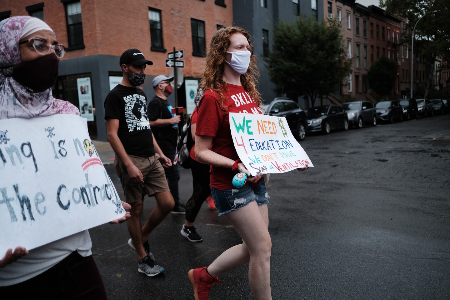 Workers marching in New York in September 2021