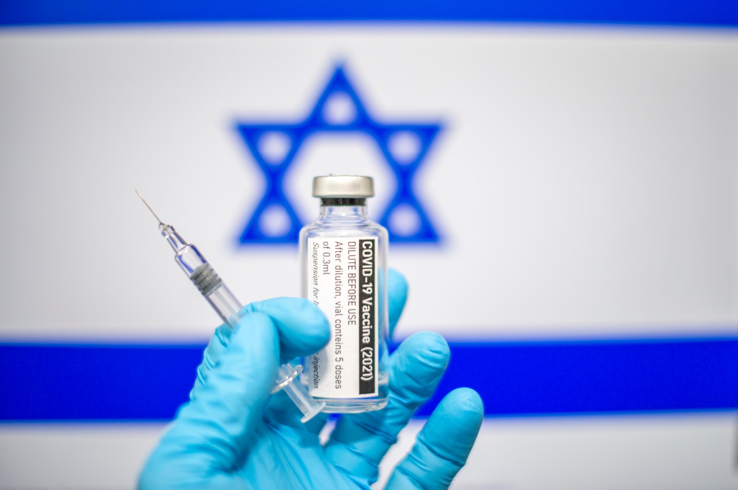 COVID-19 vaccine in front of Israeli flag