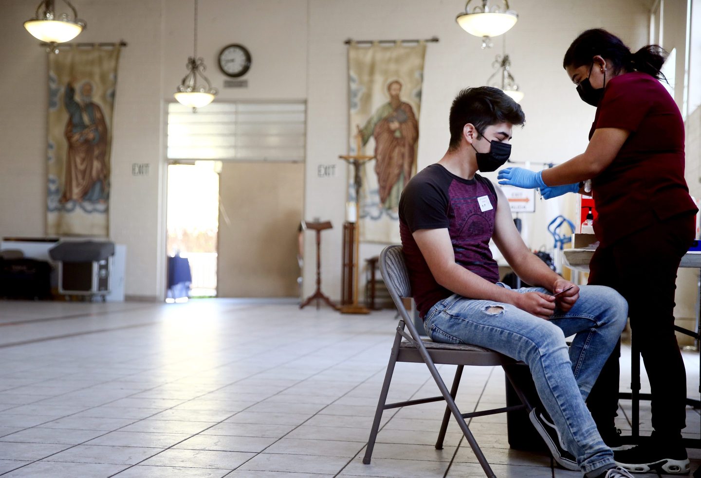 A vaccination clinic at St. Patrick’s Catholic Church in Los Angeles. Many religious leaders, including the pope, have encouraged vaccination.