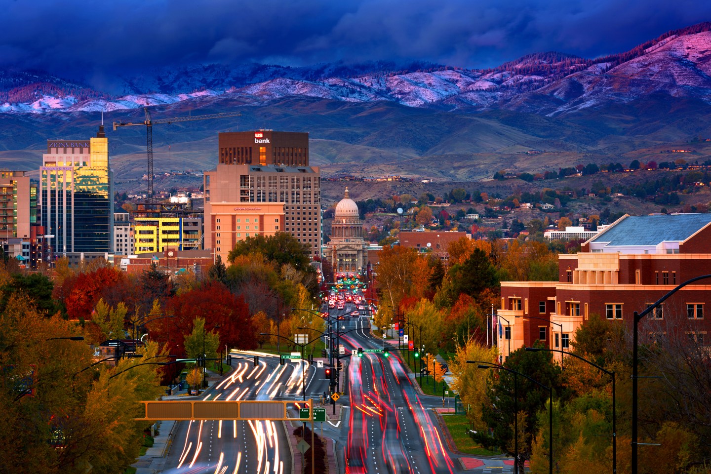 Dusk in busy downtown Boise, Idaho.