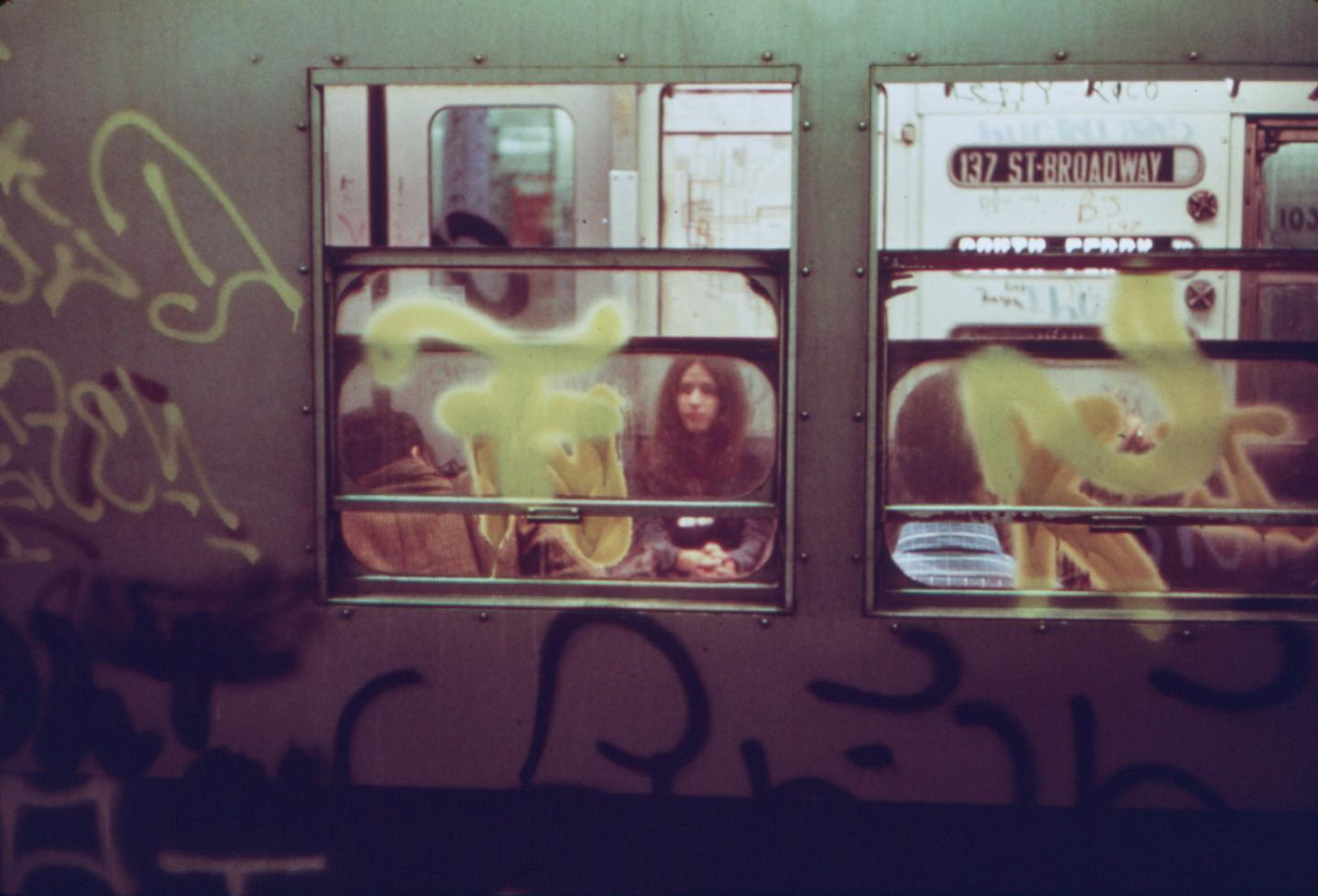 A subway car in New York City in 1973. City centers declined after many professionals moved to the suburbs during the 'Great Flight'.