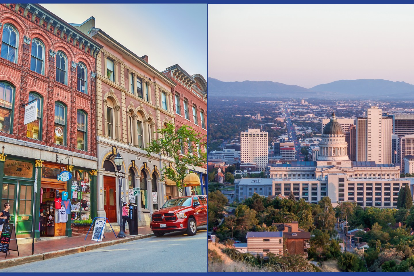 a cityscape of Portland, ME and a skyline of Salt Lake City