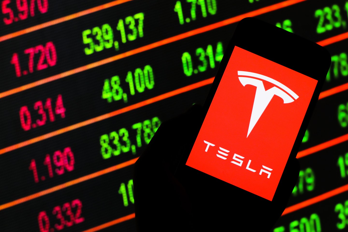 In this photo illustration a Tesla logo seen displayed on a smartphone. Stock market prices in the background as stock markets tumble all over the world.