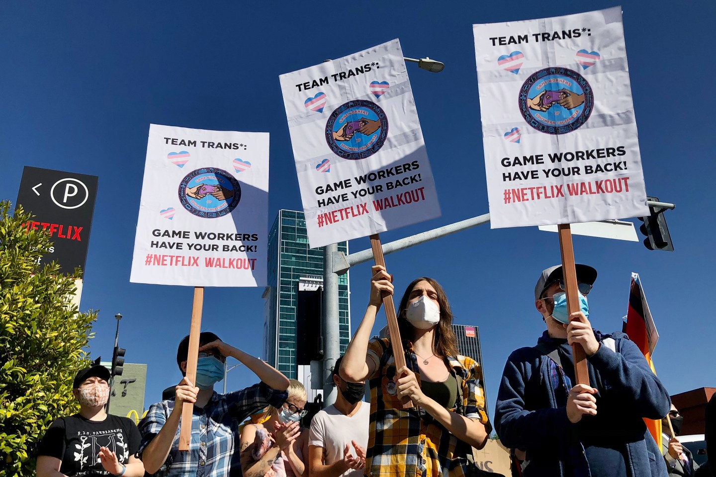 People participate in a walkout at Netflix in Los Angeles on Wednesday, Oct. 20, 2021.