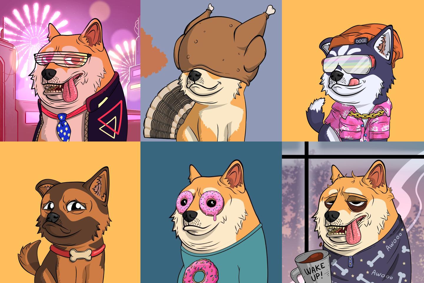 Some of the DogePound dogs and puppies available on OpenSea.