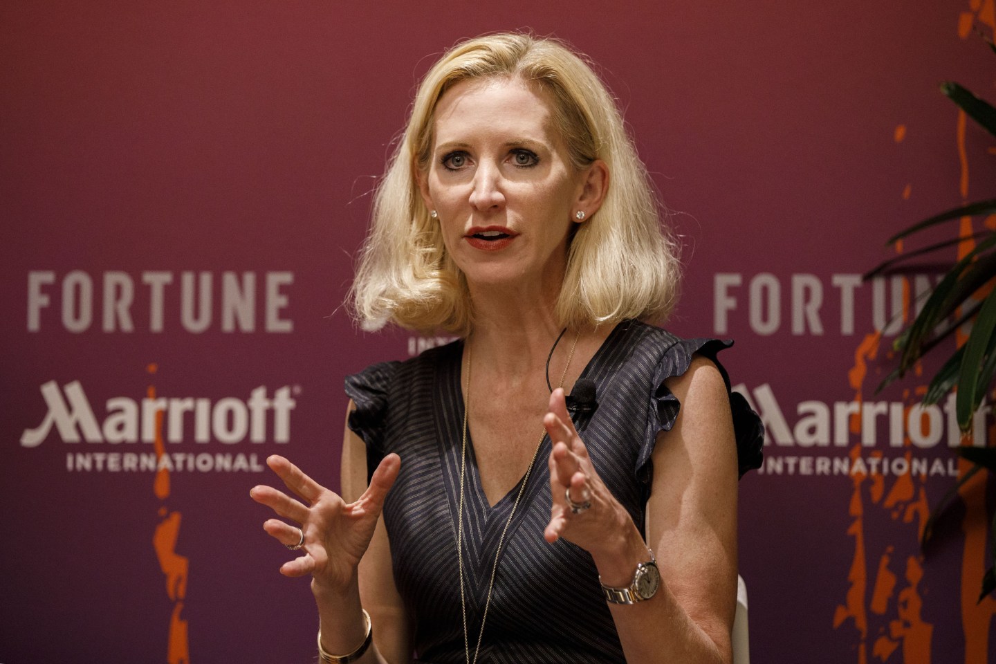 Stephanie Linnartz, then chief commercial officer of Marriott International Inc., speaks during the Fortune's Most Powerful Women conference in Dana Point, California, U.S., on Tuesday, October 2, 2018.