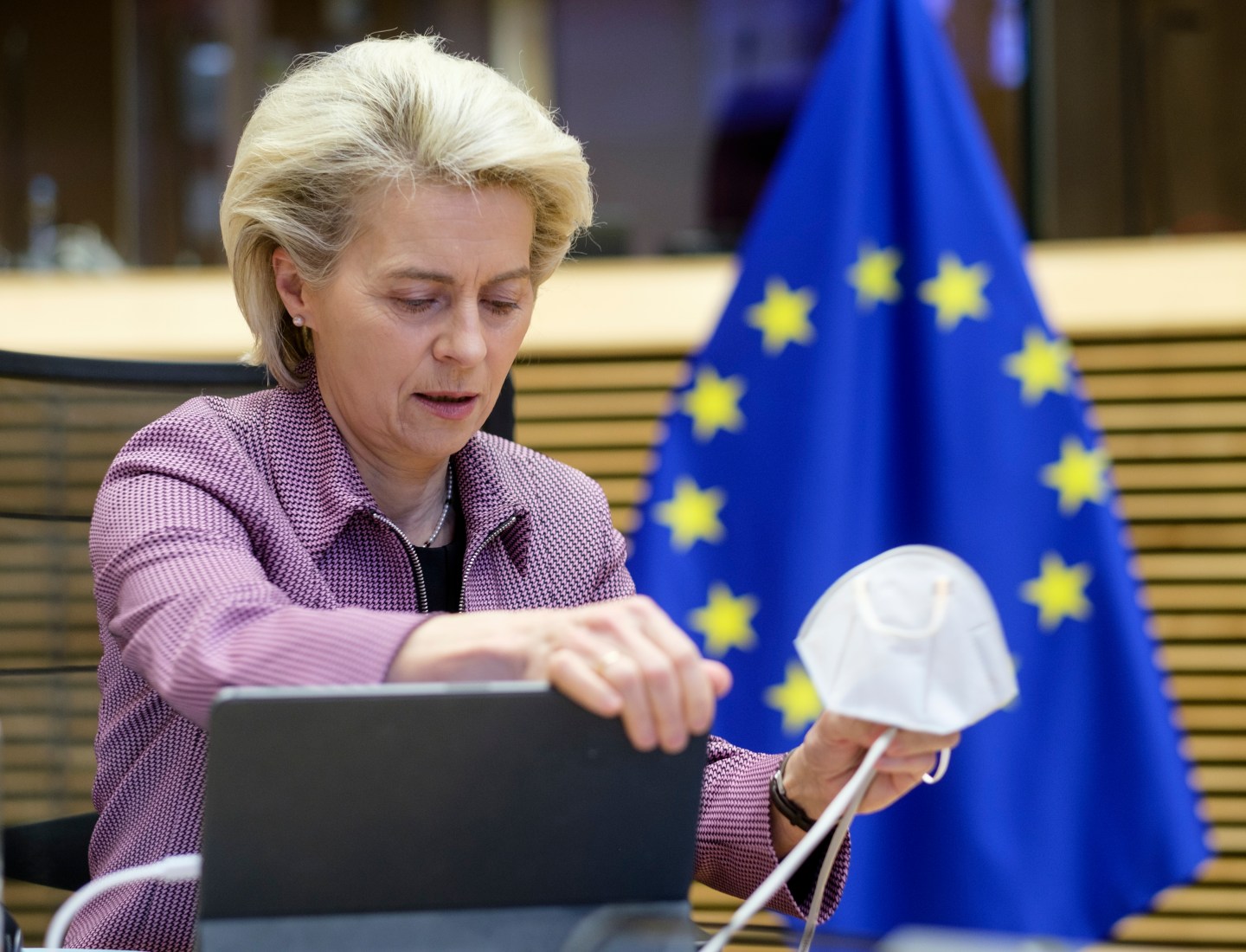 President of the European Commission Ursula von der Leyen arrives for a weekly meeting at the Berlaymont on December 22, 2021 in Brussels, Belgium.