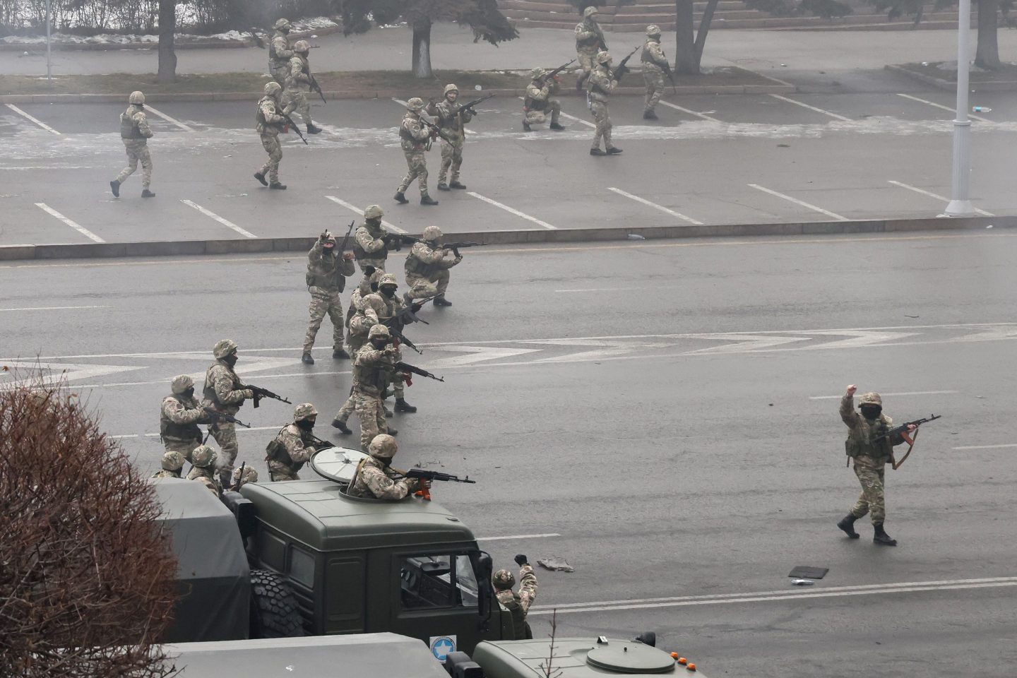 ALMATY, KAZAKHSTAN - JANUARY 6, 2022: Security forces are used in a counterterrorism operation to stop mass unrest.