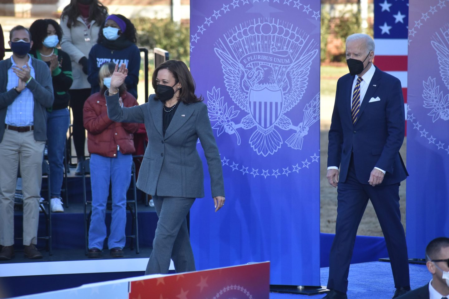 Vice President Kamala Harris and President Biden at an event to support voting-rights legislation in Atlanta on Jan. 11, 2022. By attacking Biden and Harris and each other, activists "have undercut their natural allies in the sweepstakes for funding, baffling CEOs and politicians alike with a kaleidoscope of confusing and even false messages," writes Jeffrey Sonnenfeld.