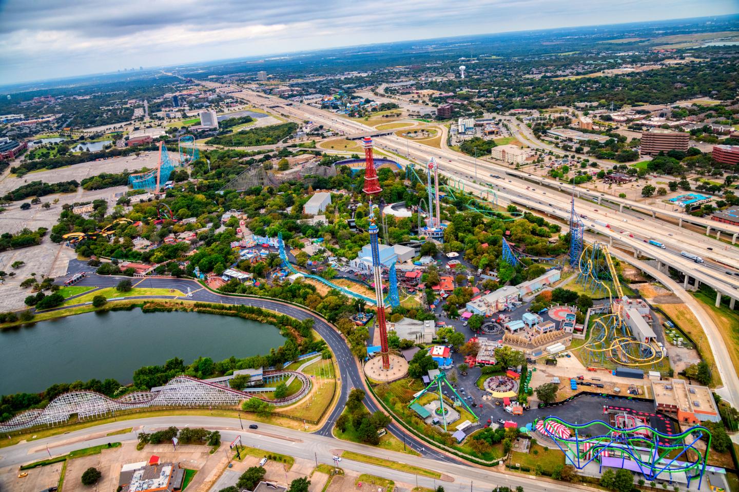 An aerial view of the Six Flags Over Texas amusement park