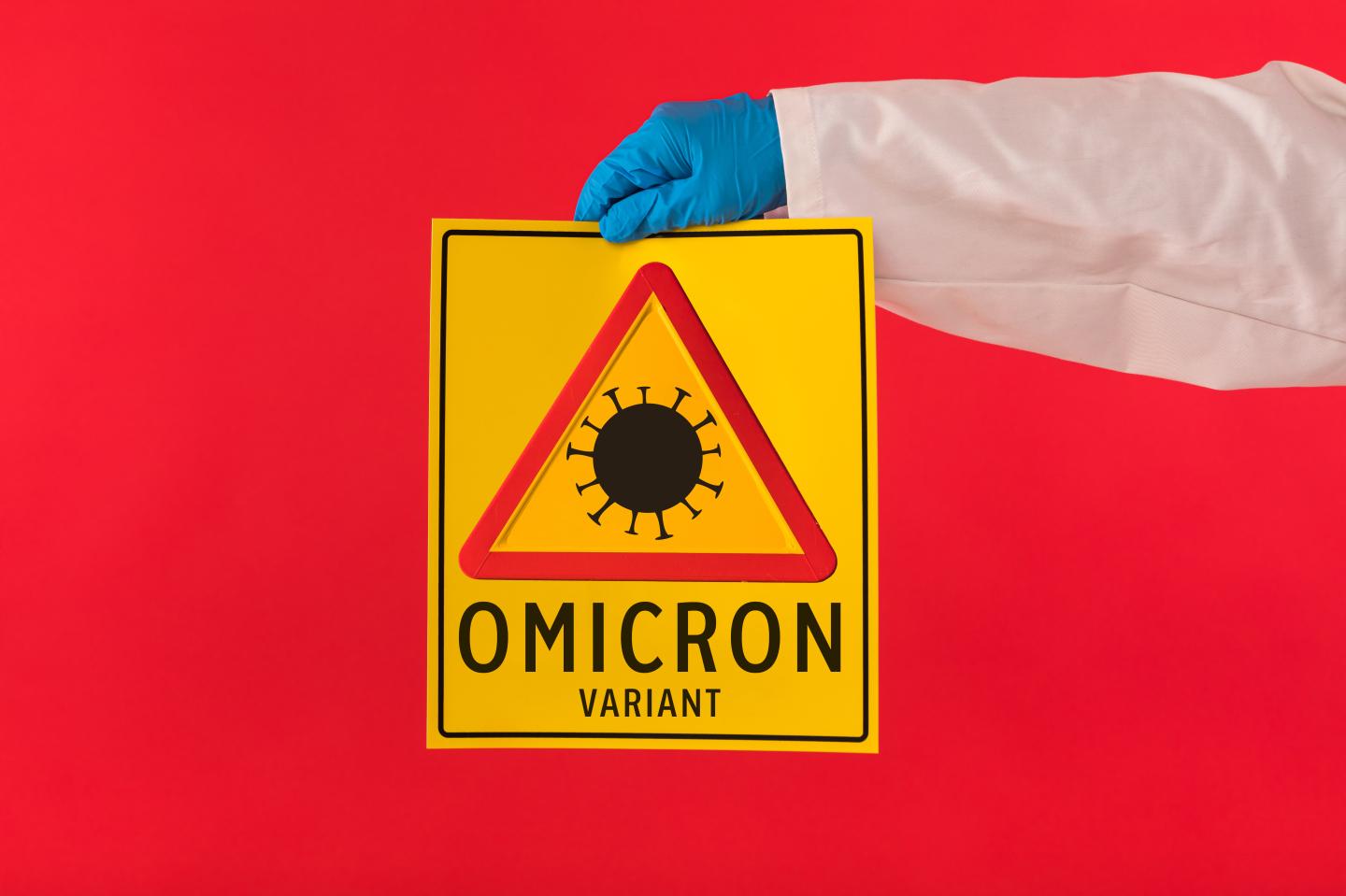 Arm of a doctor wearing a gown and latex gloves holding a yellow sign with a symbol with a covid-19 danger triangle and omicron variant, on a red background. Concept of coronavirus, health, pandemic, quarantine.