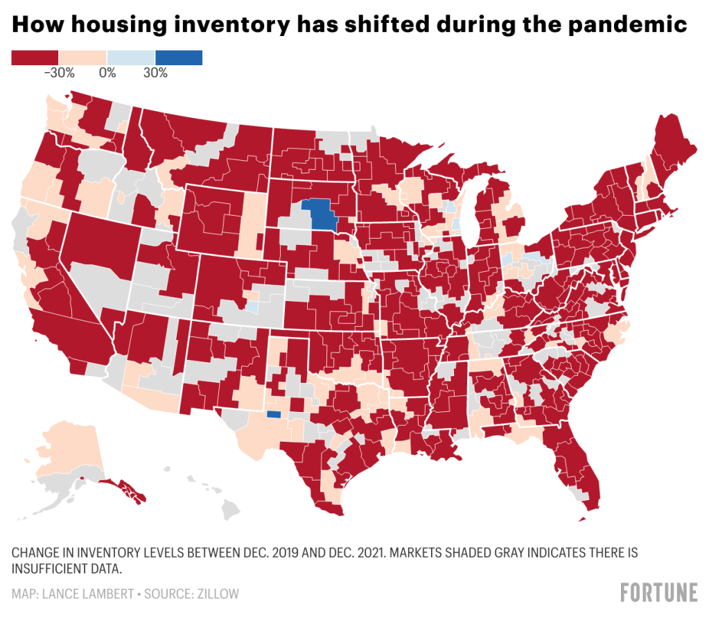 Map of the U.S. showing housing inventory levels.