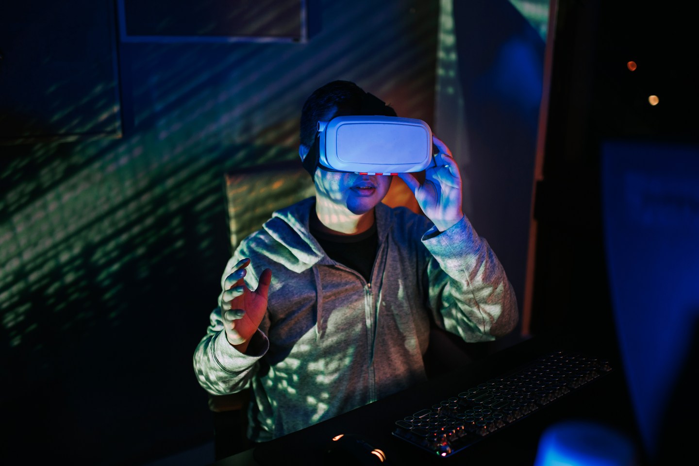 Someone wearing a set of VR goggles.