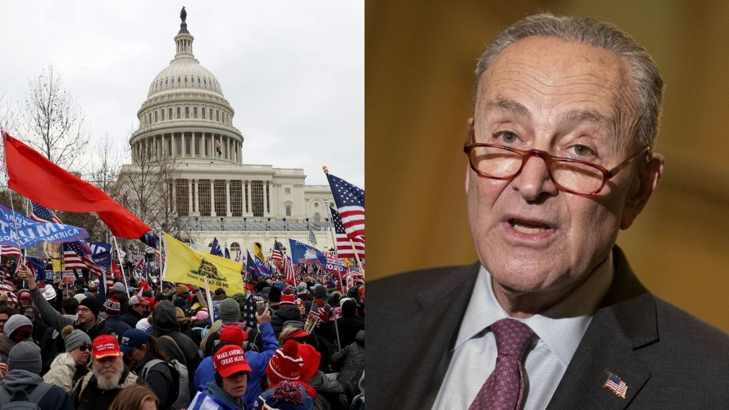 On the left, an image of the Capitol Riots on Jan 6, 2021. On the right, a photo of Sen. Chuck Schumer.