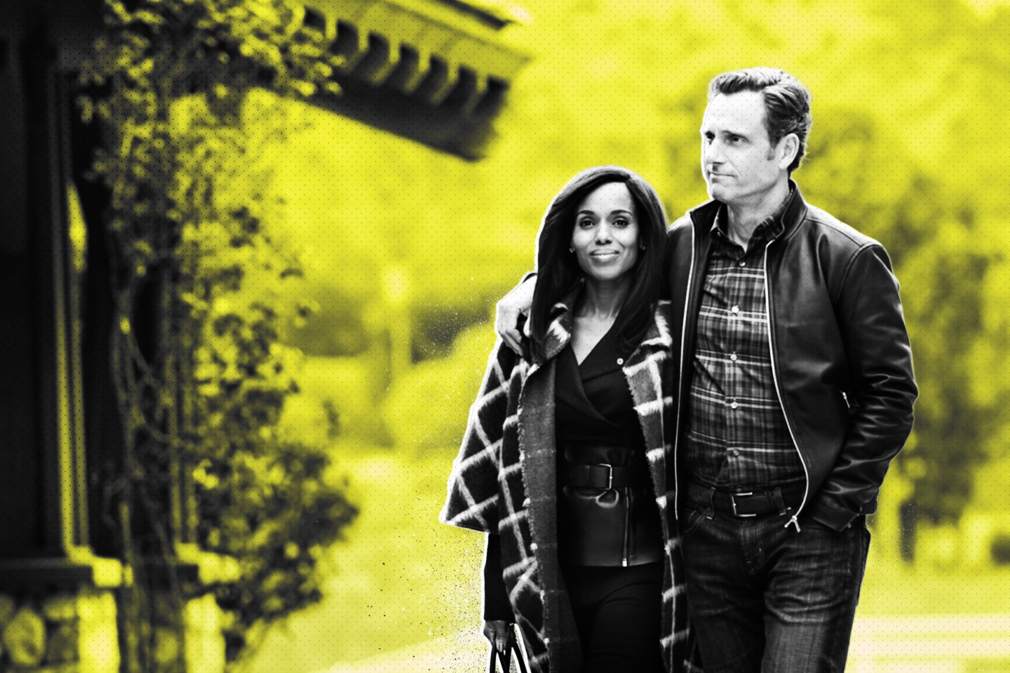 A photo illustration of a man and woman walking arm in arm