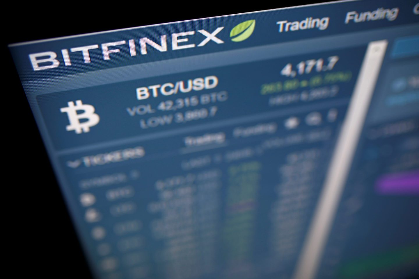 a photograph of a Bitfinex Bitcoin exchange screen