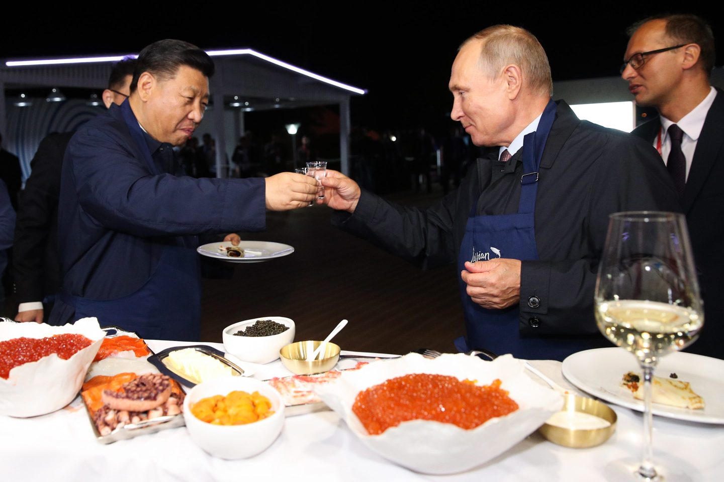 A photo of Chinese President Xi Jinping and Russian President Vladimir Putin making a toast in Vladivostok, Russia, in September 2018.