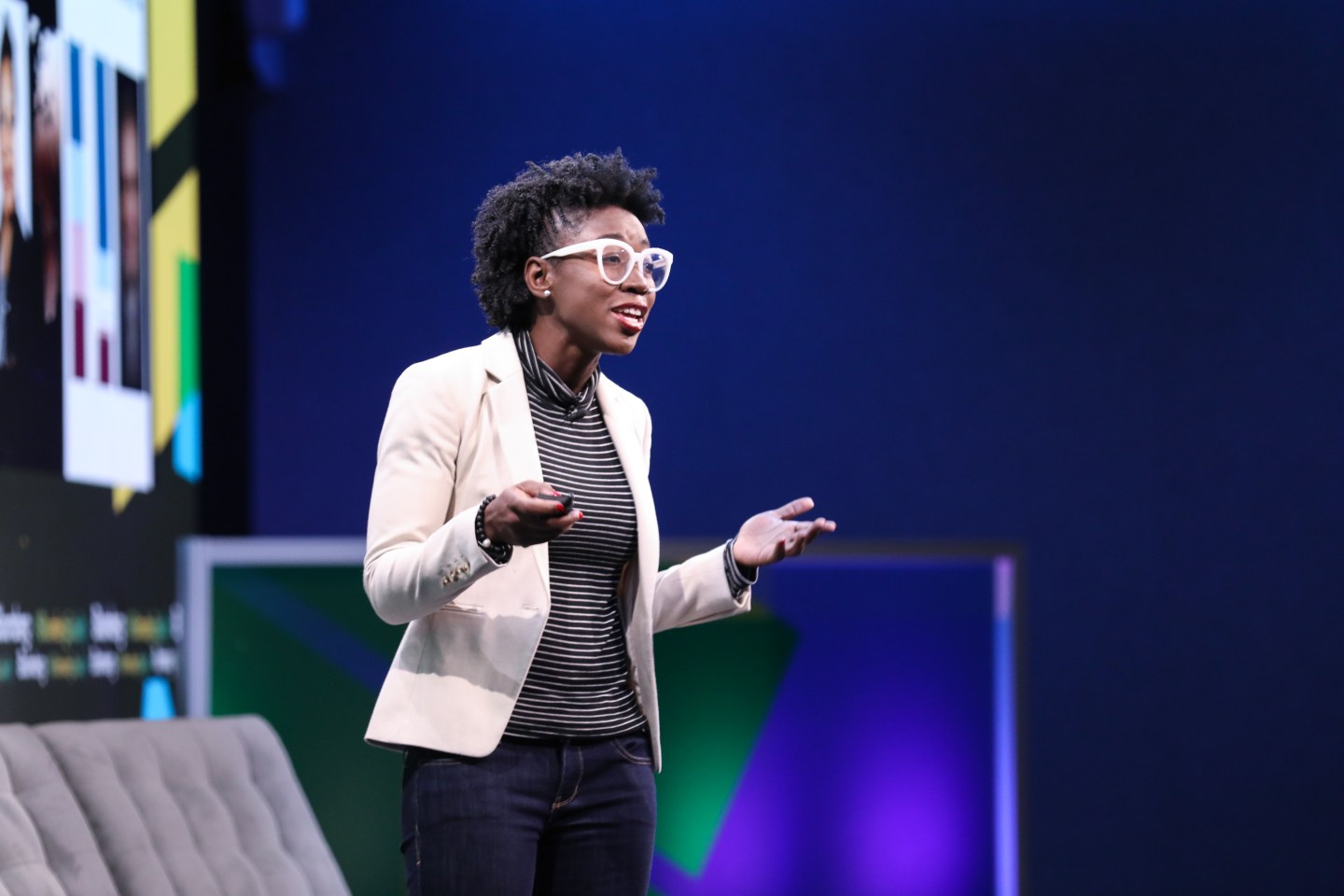 Joy Buolamwini, founder of Algorithmic Justice League, speaking on stage at the Bloomberg Equality Summit