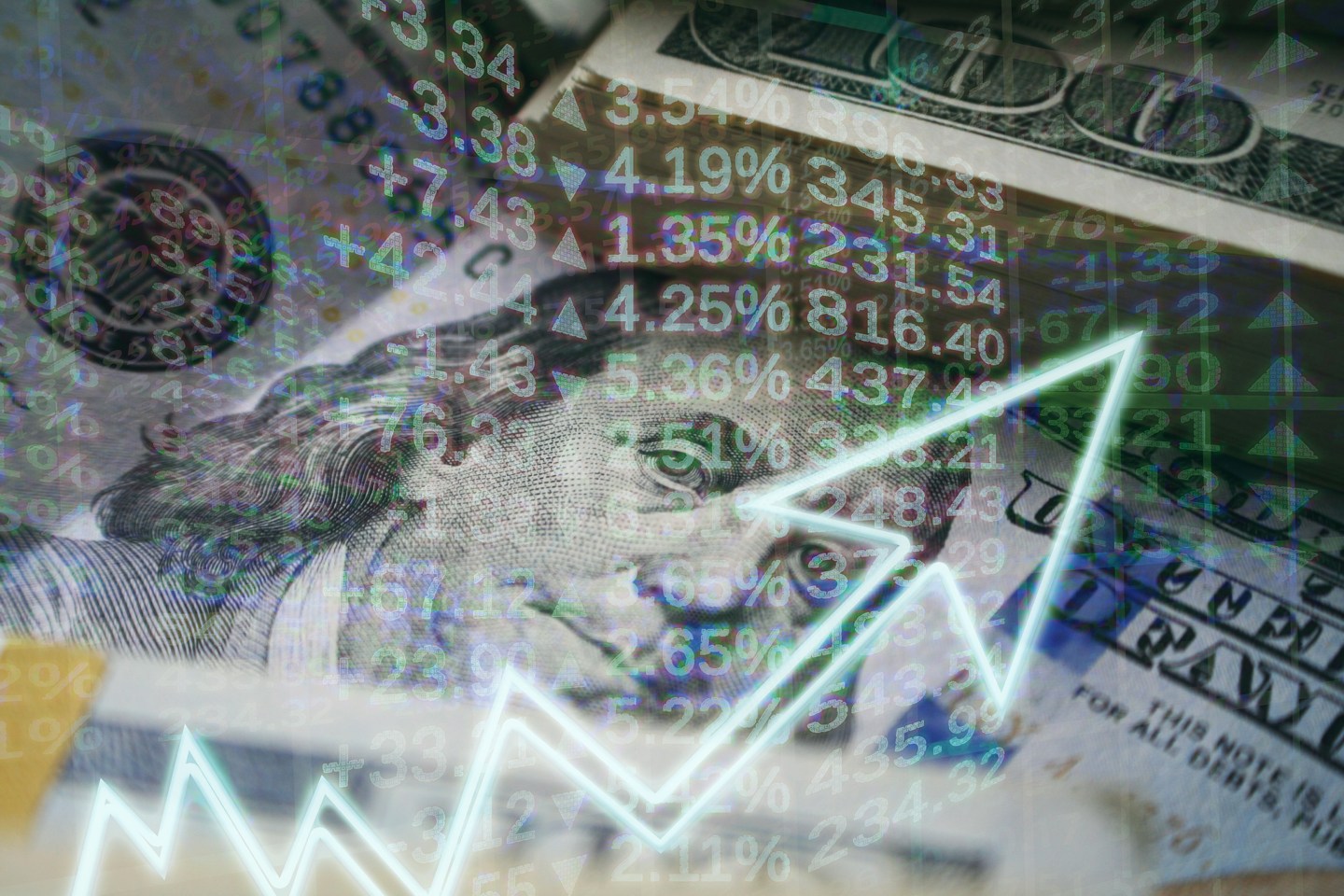 A photo of $100 dollar bills indicating increasing in stock market investments