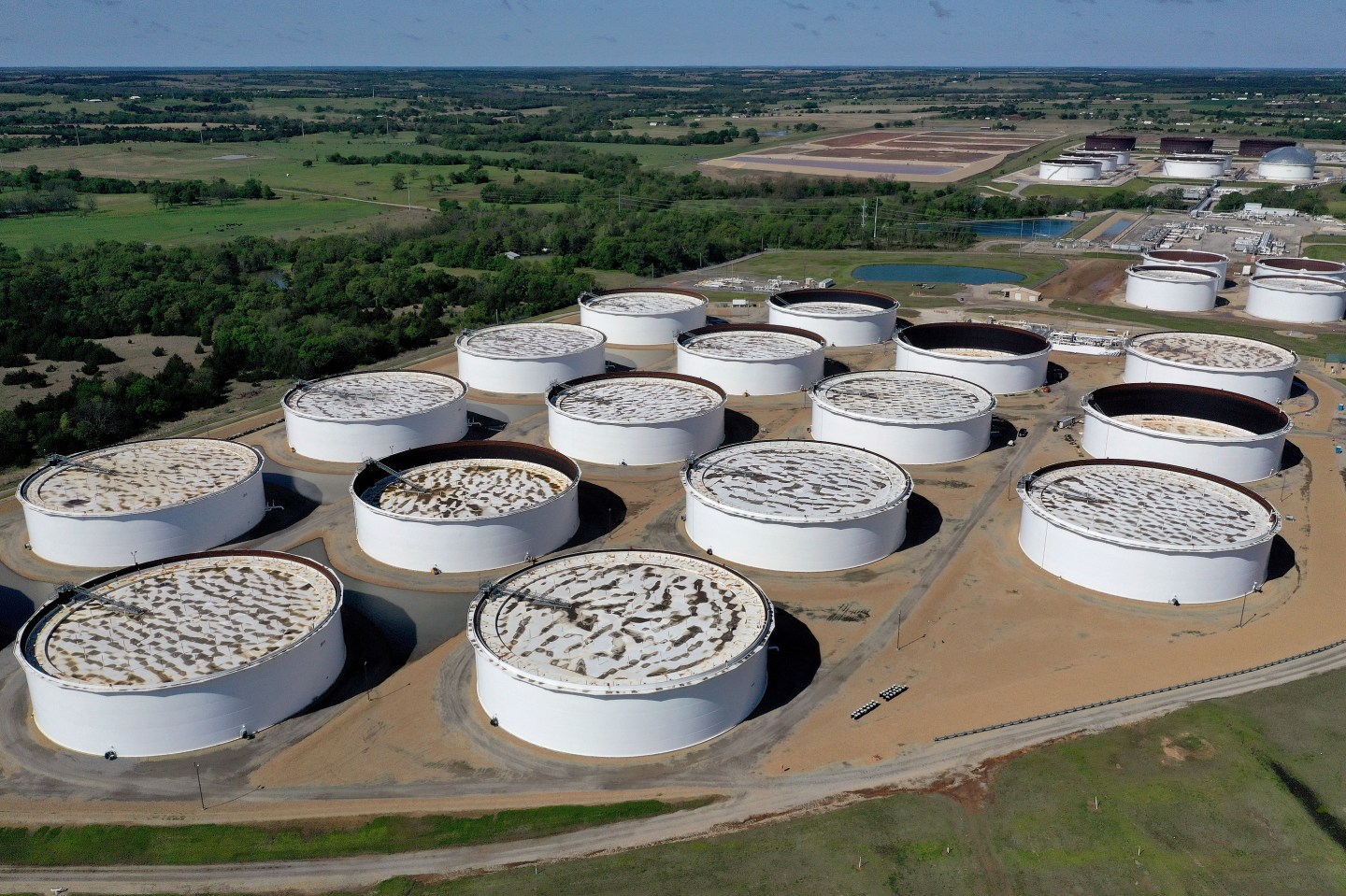 An aerial view of a crude oil storage facility in Cushing, Oklahoma