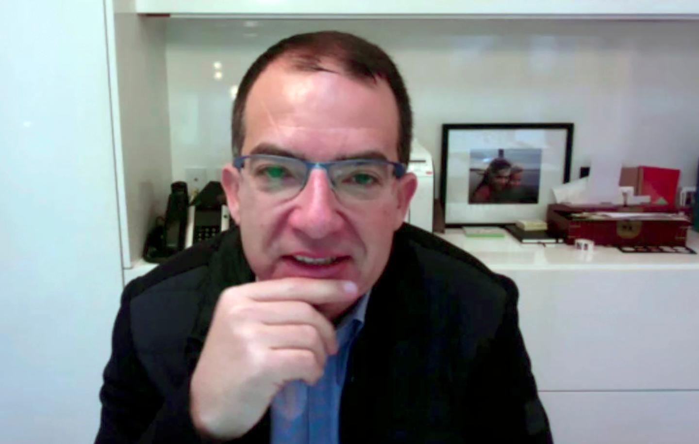 The CEO of Moderna Stéphane Bancel is seen in this video frame grab as he speaks during an interview with AFP on November 17, 2020.
