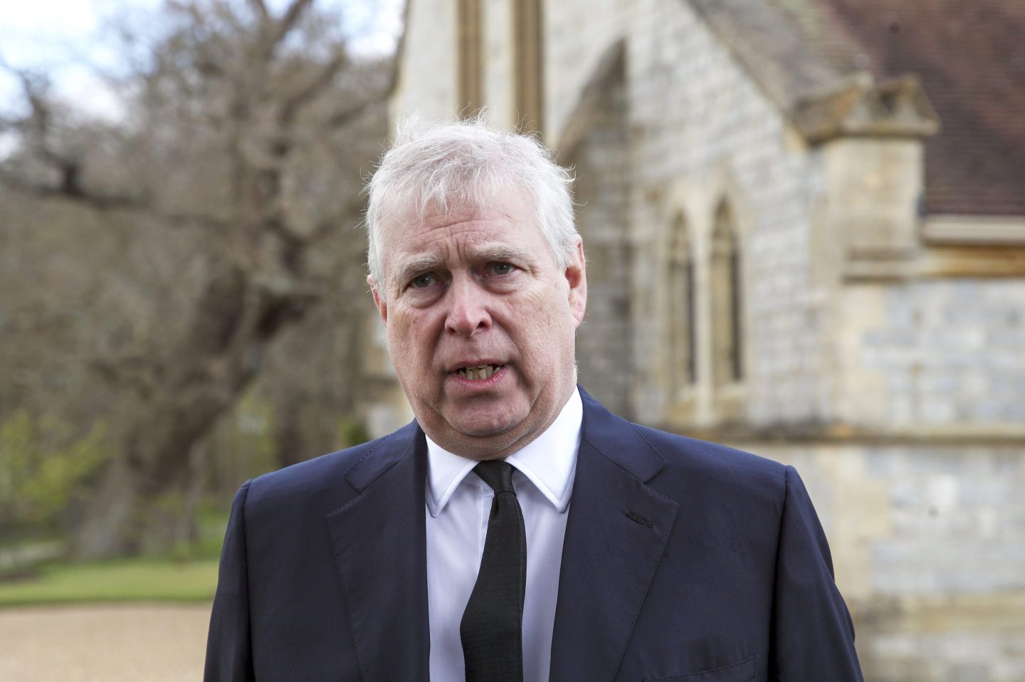 Prince Andrew, Duke of York, at the Royal Chapel of All Saints in Windsor, England on April 11, 2021.