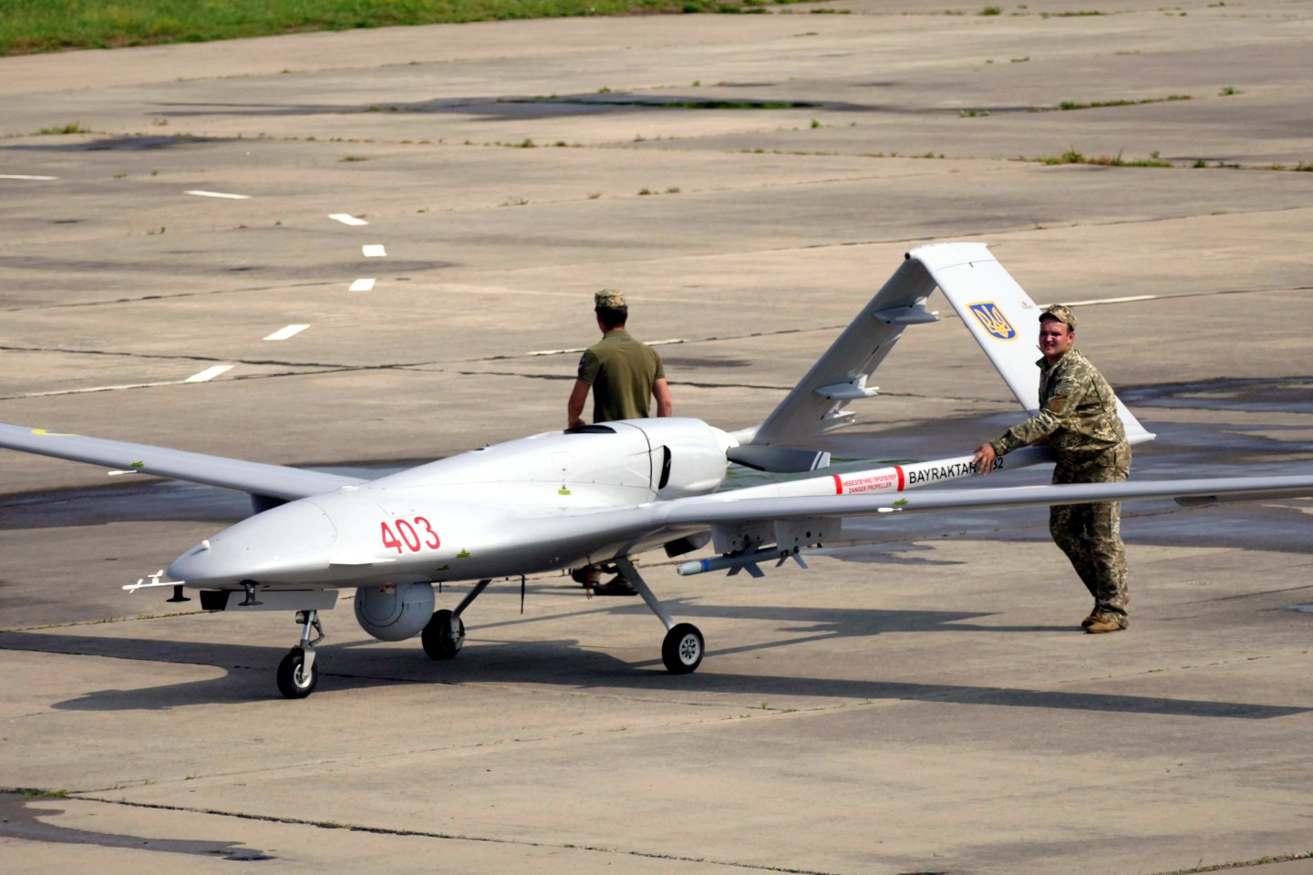 Image of Turkish-made TB-2 drone similar to ones being used by the Ukrainian military against Russia.