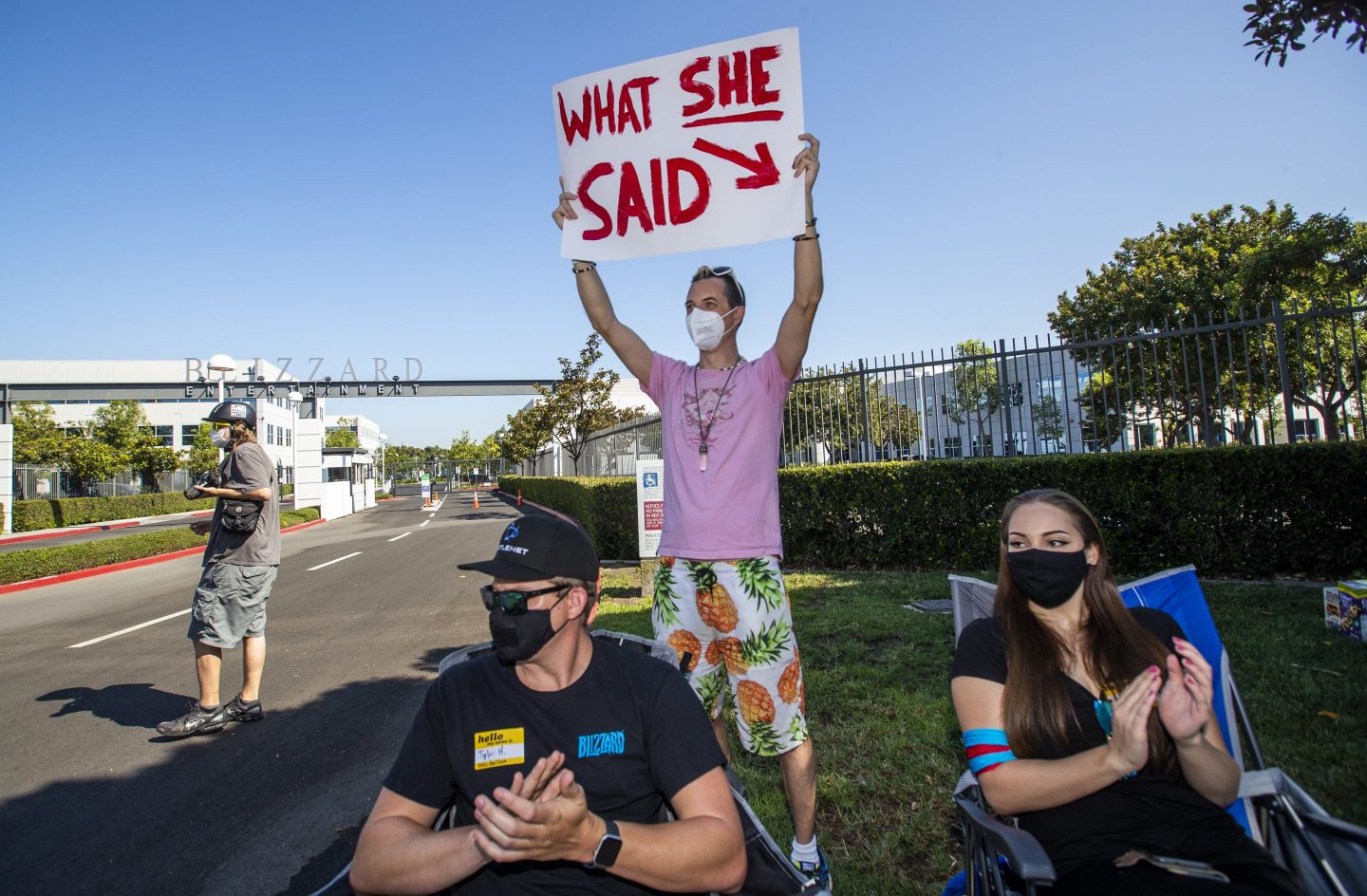 Activision Blizzard employees stage a walkout in the response from company leadership to a lawsuit highlighting alleged harassment, inequality