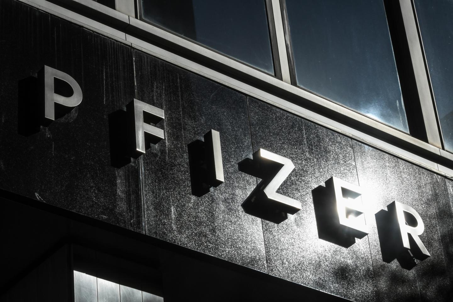 Signage outside Pfizer headquarters in New York, U.S., on Sunday, Nov. 7, 2021.