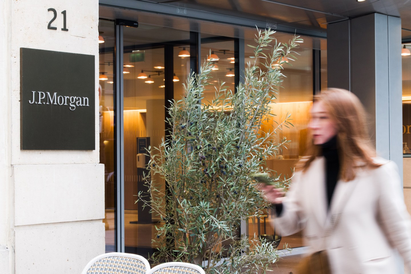 Entrance to JPMorgan Chase & Co. headquarters on Place du Marche Saint Honore in Paris, France, on Monday, Dec. 20, 2021