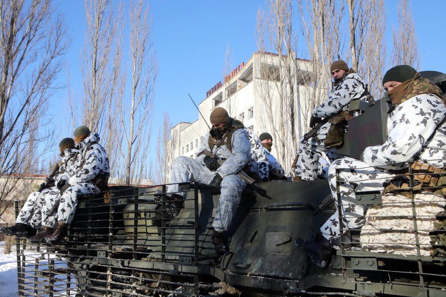 Ukrainian soldiers in the Chornobyl Exclusion Zone.