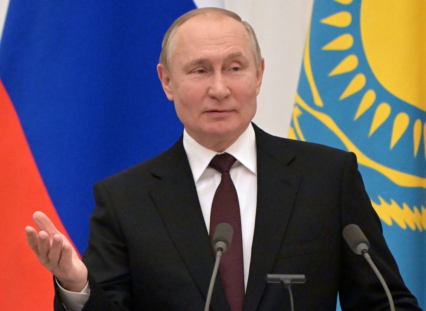 Russia's President Vladimir Putin attends a joint press conference with Kazakhstan' President following their talks at the Kremlin in Moscow on February 10, 2022.
