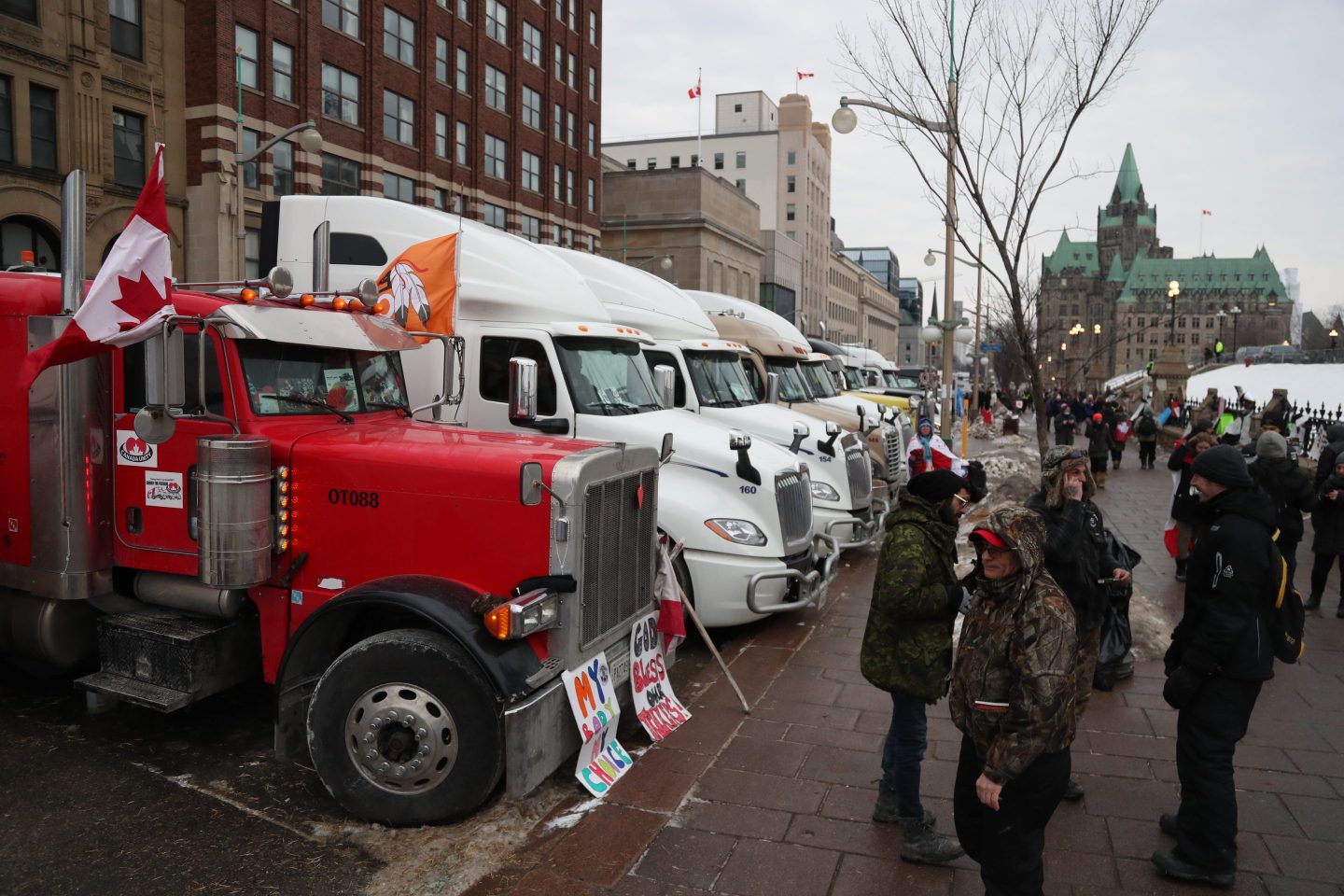 A line of trucks taking part in Canada's "Freedom convoy" protest in front of Parliament Hill in Ottawa, Ontario, Canada on Feb. 16, 2022