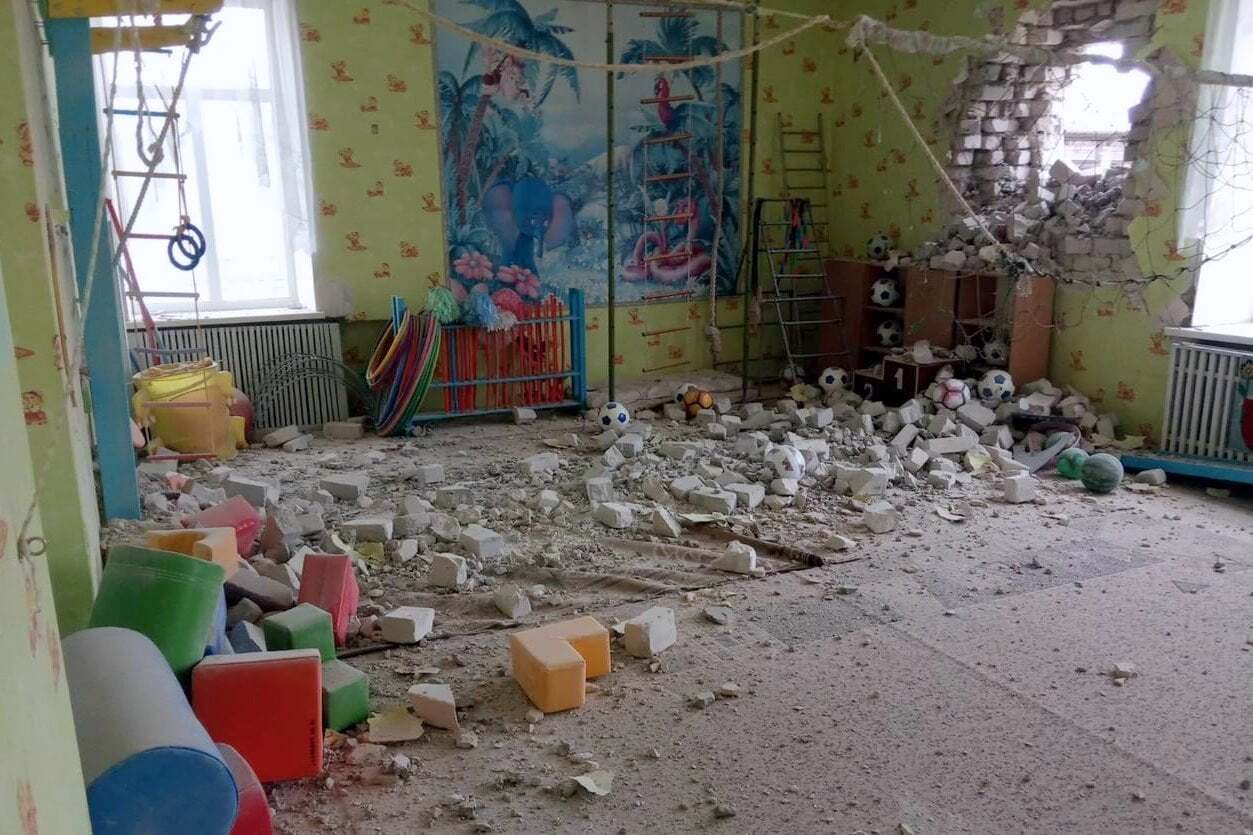 A view from the shelled kindergarten in eastern Ukraine