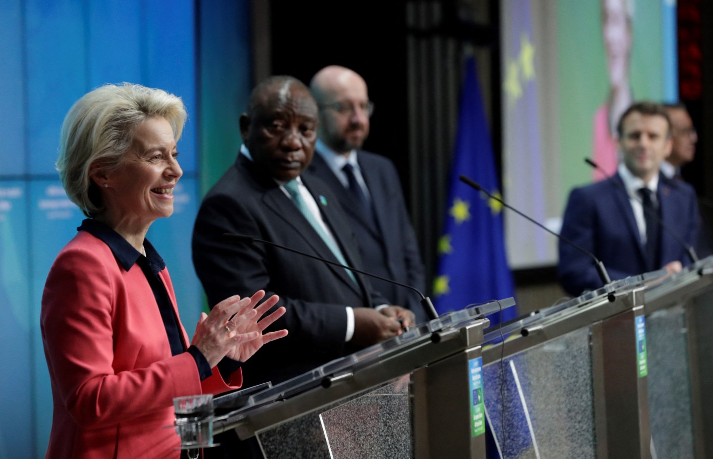 (L-R) European Commission President Ursula von der Leyen, President of South Africa, Cyril Ramaphosa, European Council President Charles Michel, French President Emmanuel Macron and WHO Director-General, Dr Tedros Adhanom Ghebreyesus give a press conference at the start of the second day of a European Union (EU) African Union (AU) summit at The European Council Building in Brussels on February 18, 2022.