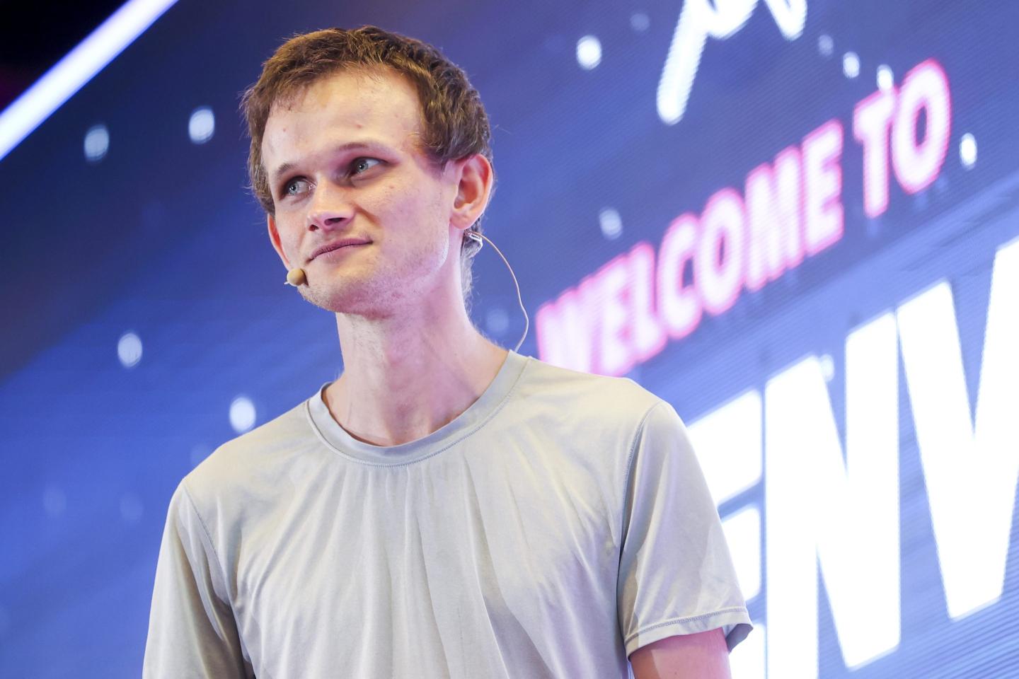 Photo of Vitalik Buterin speaking at a cryptocurrency summit in Denver, Colorado, in February 2022.