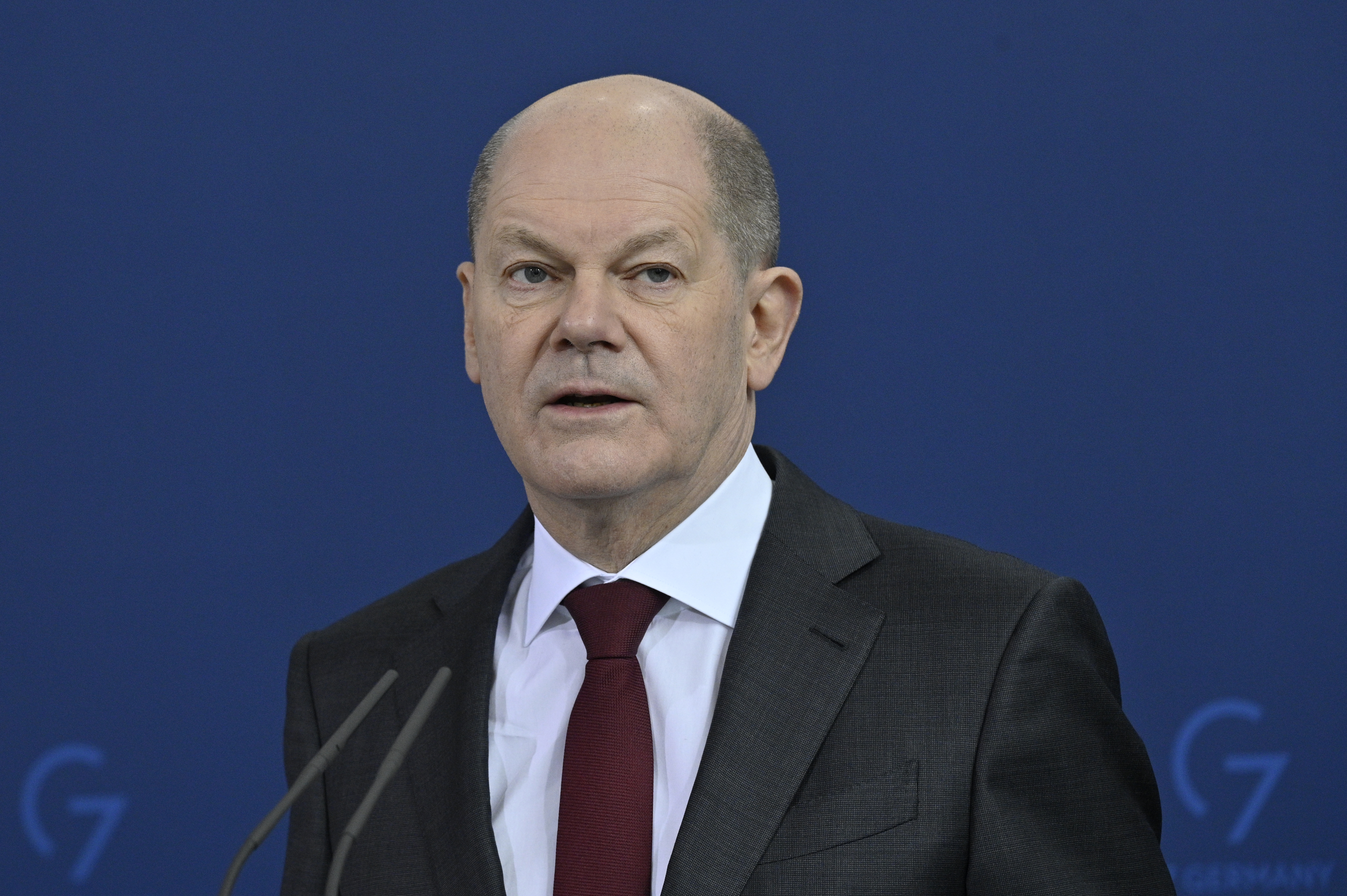 German Chancellor Olaf Scholz addresses a joint press conference, held with Taoiseach (Irish prime minister) Micheál Martin (not pictured), following talks at the Chancellery on February 22, 2022 in Berlin, Germany.