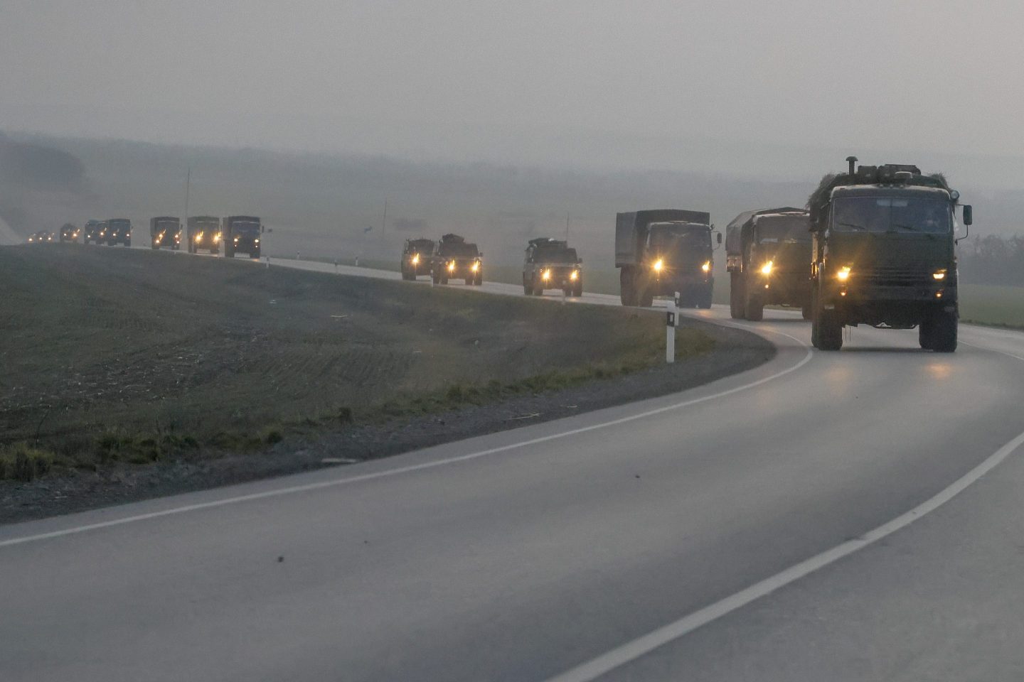 A convoy of Russian military vehicles moving towards border in Donbas region