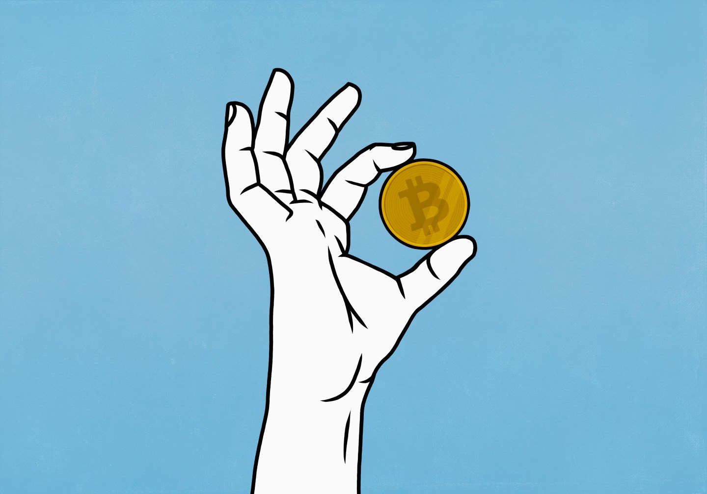 An illustration of a hand holding a Bitcoin.