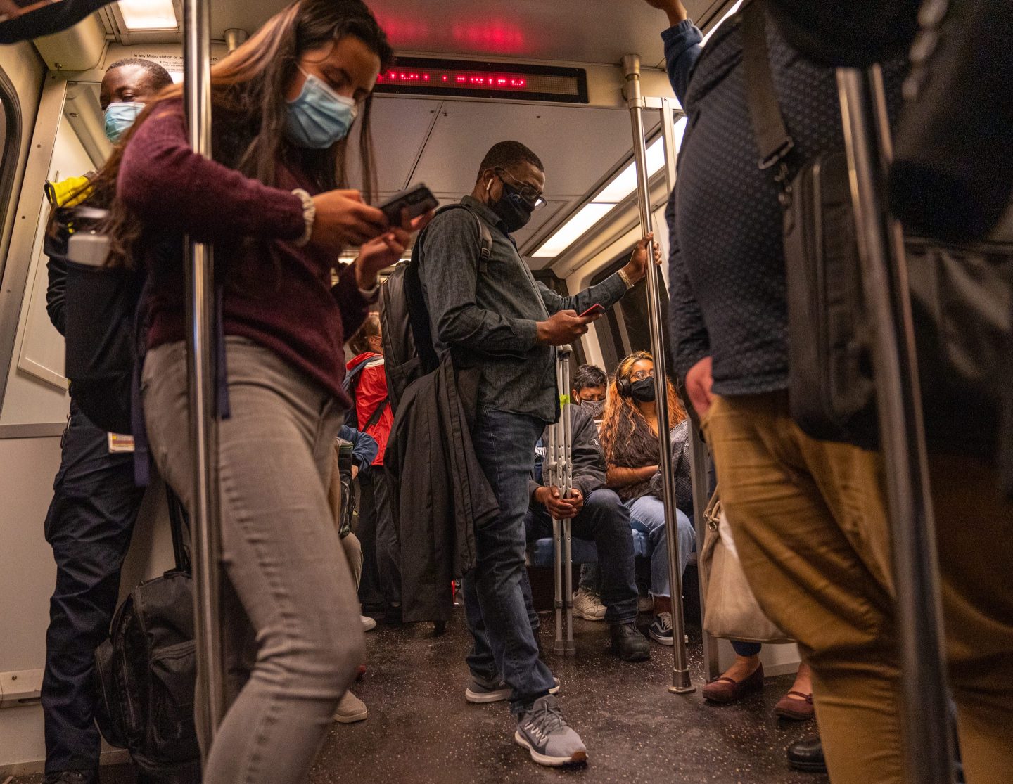 A crowded subway car.