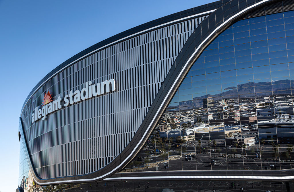 The sleek, silAllegiant Stadium in Las Vegas