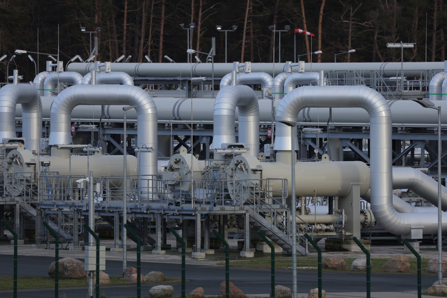 Pipes stand at the receiving station of the Nord Stream 2 gas pipeline on February 02, 2022 near Lubmin, Germany.