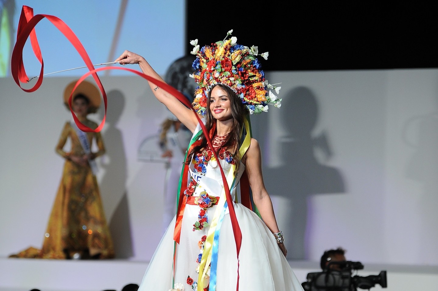 Miss Ukraine competes on the stage of the 55th Miss international Beauty Pageant.